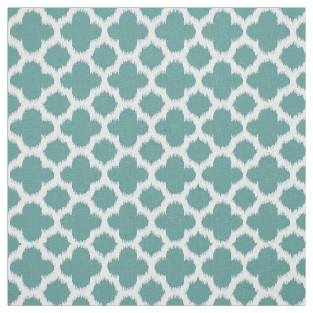 Teal Grönt Blue White Ikat Quatrefoil Mönster Tyg (Provkarta)