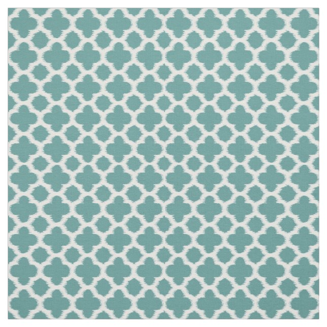 Teal Grönt Blue White Ikat Quatrefoil Mönster Tyg (Provkarta)
