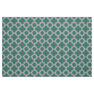 Teal Grönt Blue White Ikat Quatrefoil Mönster Tyg