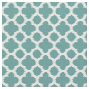 Teal Grönt Blue White Ikat Quatrefoil Mönster Tyg