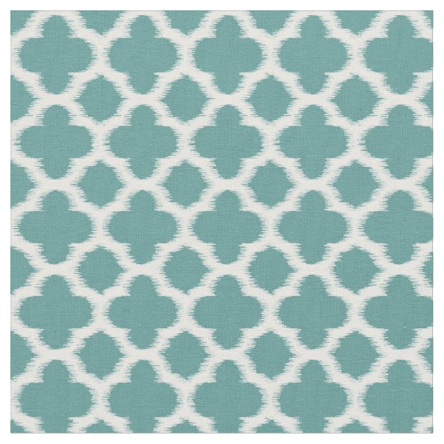 Teal Grönt Blue White Ikat Quatrefoil Mönster Tyg (Närbild)
