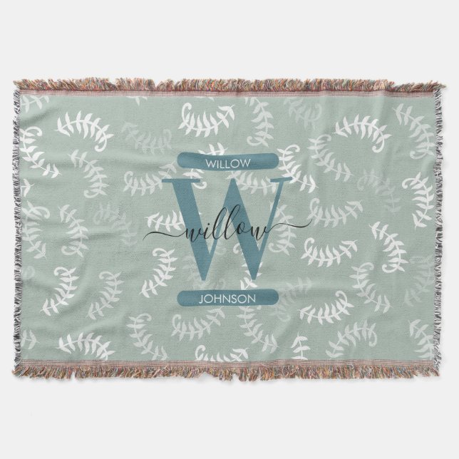 Teal Grönt Botanical Löv Monogram Filt (Framsidan)