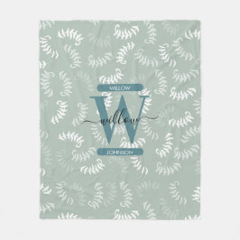 Teal Grönt Botanical Löv Monogram Fleecefilt