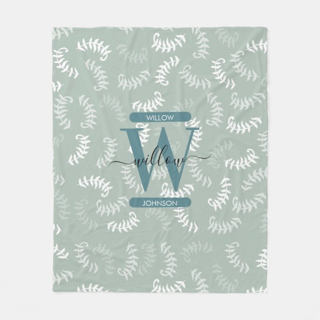 Teal Grönt Botanical Löv Monogram Fleecefilt (Framsidan)