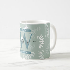 Teal Grönt Botanical Löv Monogram Kaffemugg