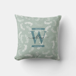 Teal Grönt Botanical Löv Monogram Kudde
