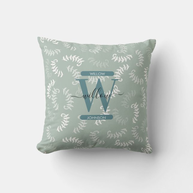 Teal Grönt Botanical Löv Monogram Kudde (Framsida)