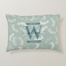 Teal Grönt Botanical Löv Monogram Prydnadskudde