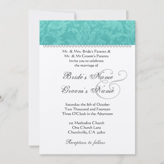 Teal Grönt Bröllop Damask Champagne Metallic Pappr Inbjudningar (Framsida)