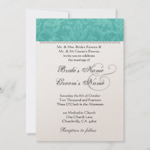 Teal Grönt Bröllop Damask Champagne Metallic Pappr Inbjudningar