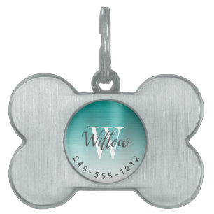 Teal Grönt Brushed Metall Monogram Ombre Hund Bone ID-bricka Husdjur