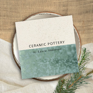TEAL GRÖNT CERAMIC POTTERY GLAZZED SPECKLED STRUKT FYRKANTIGT VISITKORT