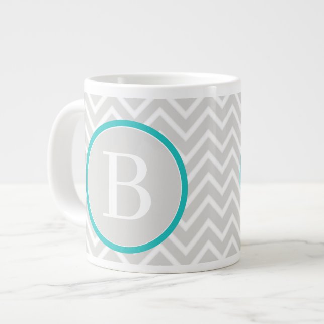 Teal Grönt Chevron Monogram Giant Coffee Mugg Jumbo Mugg (Framsida vänster)