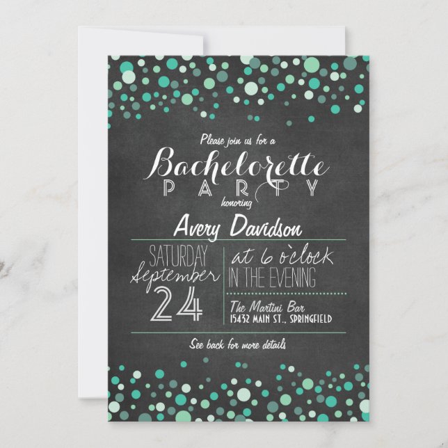 Teal Grönt Confetti Chalkboard Bachelorette Party Inbjudningar (Framsida)