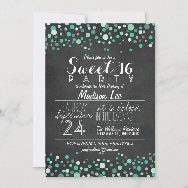 Teal Grönt Confetti Chalkboard Sweet 16 Party Inbjudningar (Framsida)
