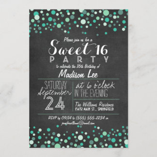 Teal Grönt Confetti Chalkboard Sweet 16 Party Inbjudningar