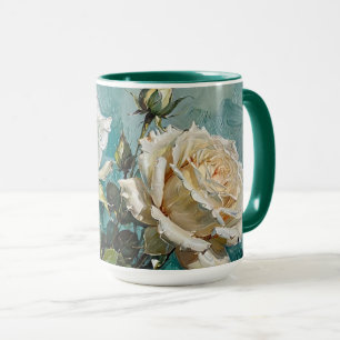 Teal Grönt Cream Ro Blommigt Design Mugg