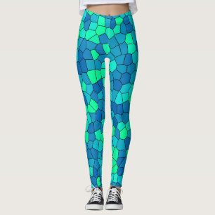 Teal Grönt Cyan Blue Stached Glass Mönster Leggings