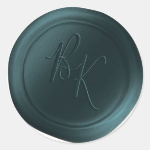 Teal Grönt Dubbla Monogram Faux Vax Seal Stickers Runt Klistermärke