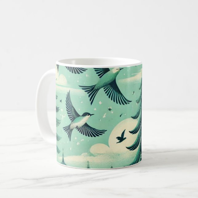 Teal Grönt Forest and Birds Mönster Kaffemugg (Framsida vänster)