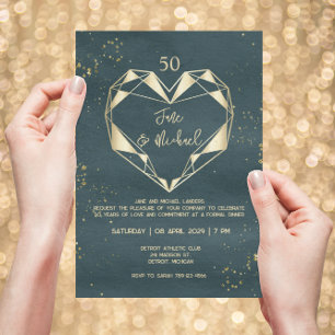 Teal Grönt Geometric Golden Heart 50-årsdagen Inbjudningar