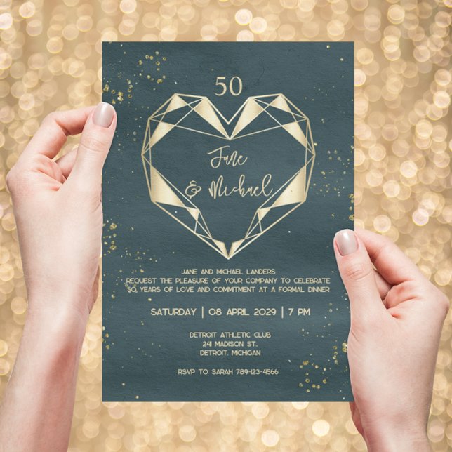 Teal Grönt Geometric Golden Heart 50-årsdagen Inbjudningar (Skapare uppladdad)