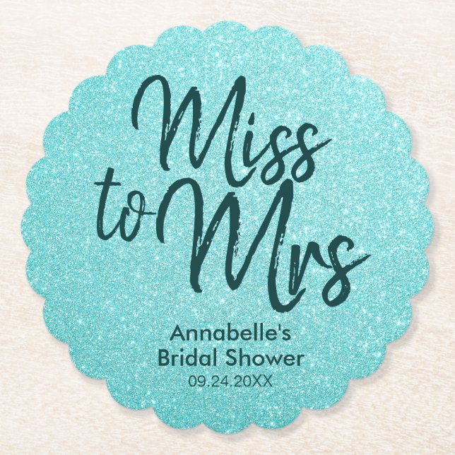 Teal Grönt Glitter Glam Miss till Mrs Möhippa Underlägg Papper (Framsida)