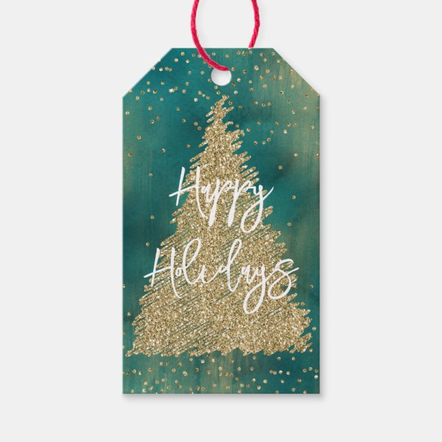 Teal Grönt Glitter Gnistra Julgran Presentetikett (Framsidan)