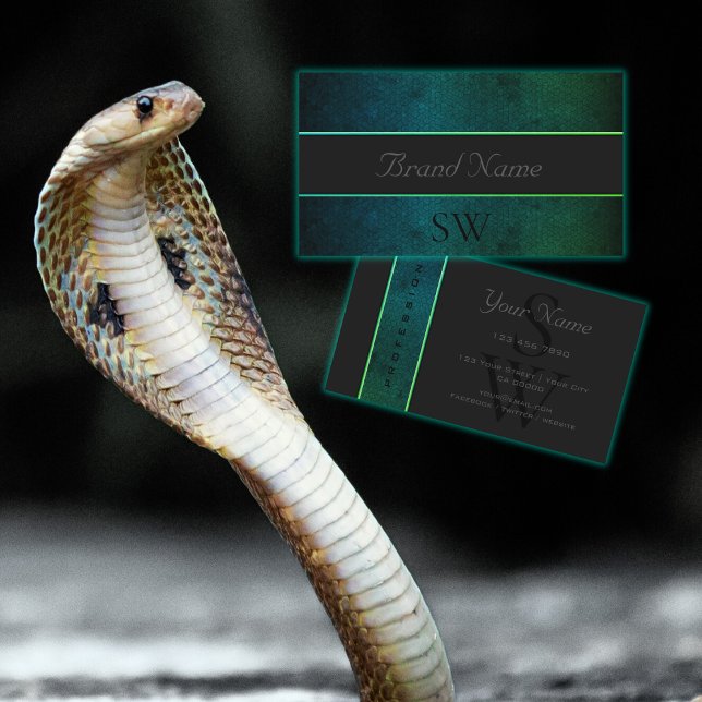 Teal Grönt Gradient Snake Mönster med Monogram Visitkort (Skapare uppladdad)