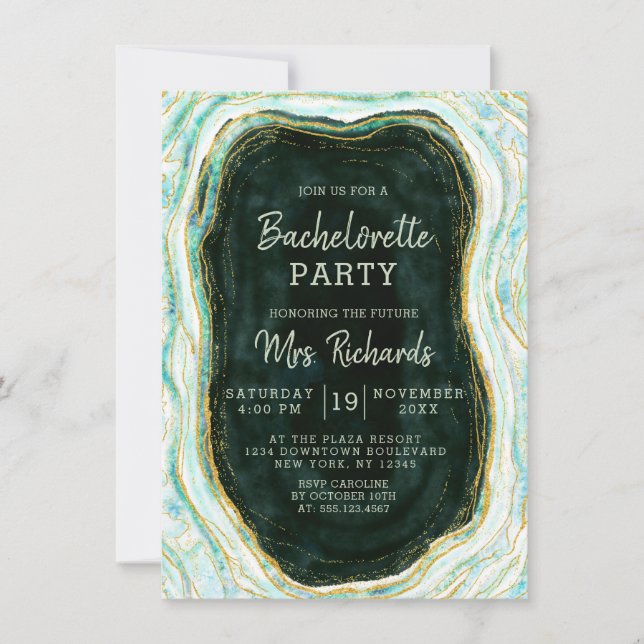 Teal Grönt & Guld Agate Marble Bachelorette Party Inbjudningar (Framsida)