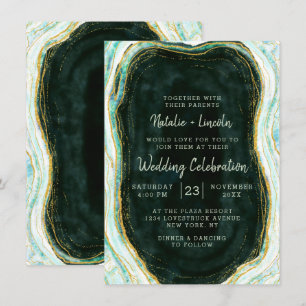 Teal Grönt & Guld Agate Marble Geode Sten Bröllop Inbjudningar