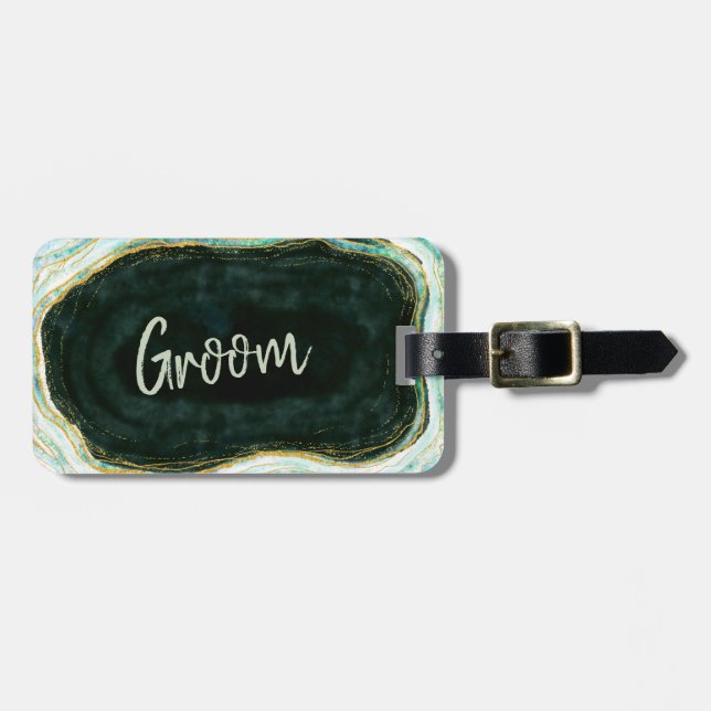 Teal Grönt & Guld Agate Marble Groom Travel Bagagebricka (Horisontell Framsida)