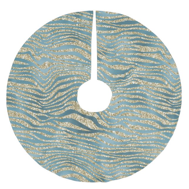 Teal Grönt Guld Glitter Zebra tryck Julgransmatta Borstad Polyester (Framsidan)