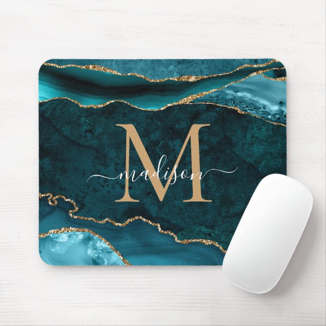 Teal Grönt Guld Gnistra Agate Geode Monogram Musmatta (Med mus)