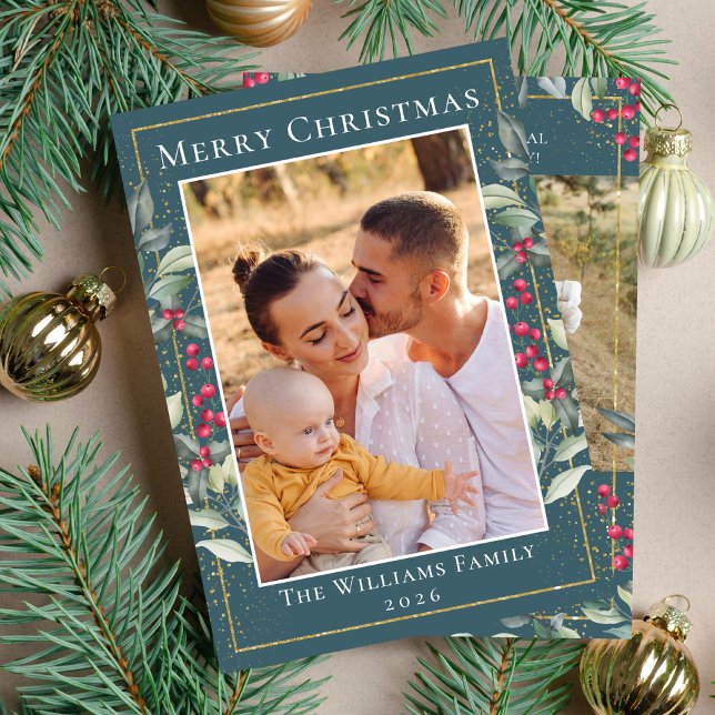 Teal Grönt Guld jul Holly Berries 2 Foto Julkort (Skapare uppladdad)