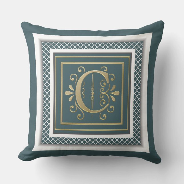 Teal Grönt Guld Monogram Dekorativ kudde (Framsida)
