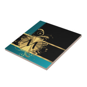 Teal grönt guld och svart monogram kakelplatta