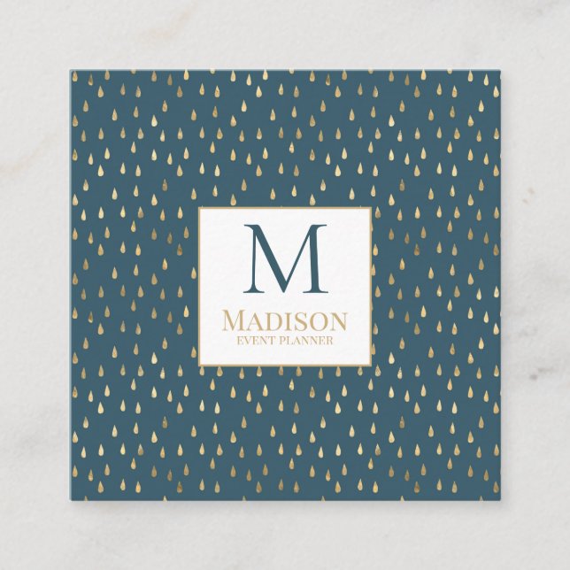 Teal Grönt Guld RainDrop Modern Trendig Monogram Fyrkantigt Visitkort (Framsida)