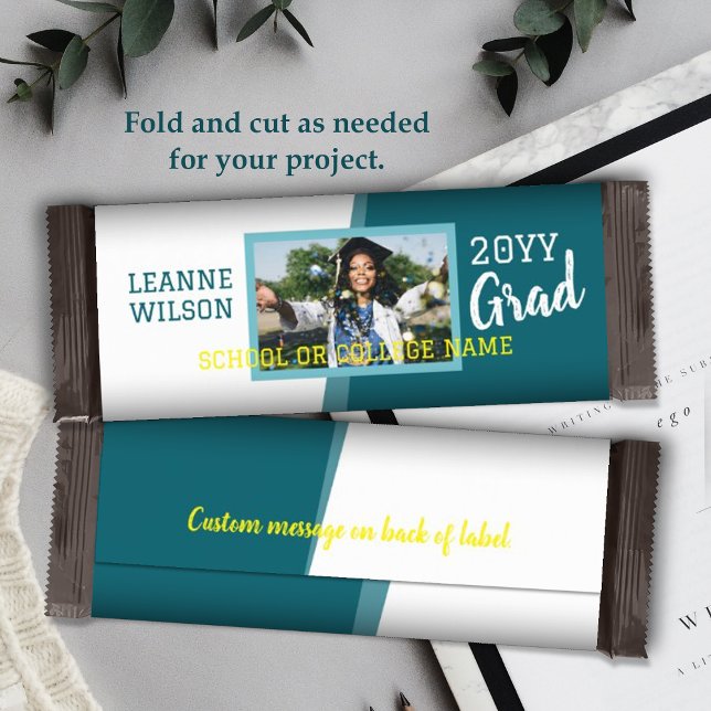 Teal Grönt, Gult Studenten Candy Pub Wrapper Flygblad (teal green school colors graduation personalized candy bar wrapper, diy chocolate bar label for grad)