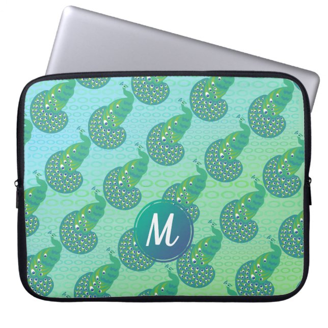 Teal Grönt iridescent Peacock Mönster Monogram Laptop Fodral (Framsidan)