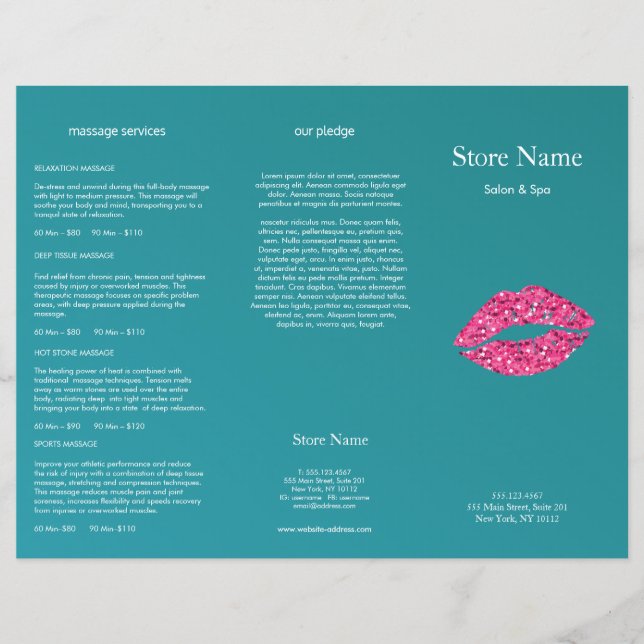 Teal Grönt Läppar Beauty Salon Trifold Bruchure (Framsida)