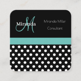 Teal Grönt Monogram Black White Polka Dot Fyrkantigt Visitkort