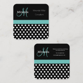 Teal Grönt Monogram Black White Polka Dot Fyrkantigt Visitkort