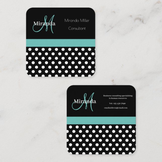 Teal Grönt Monogram Black White Polka Dot Fyrkantigt Visitkort (Fram/baksida)