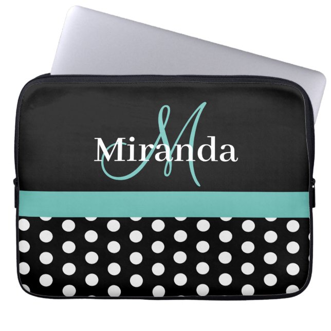 Teal Grönt Monogram Black White Polka Dot Laptop Fodral (Framsidan)