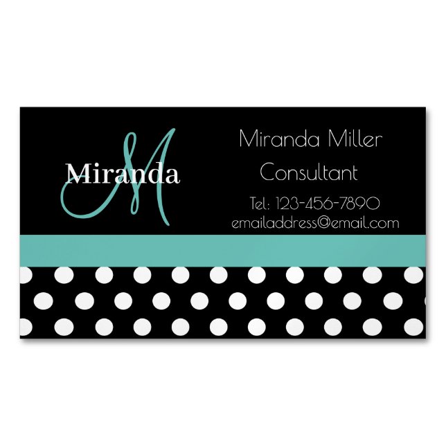 Teal Grönt Monogram Black White Polka Dot Magnetiska Visitkort (Framsida)