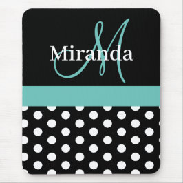 Teal Grönt Monogram Black White Polka Dot Musmatta