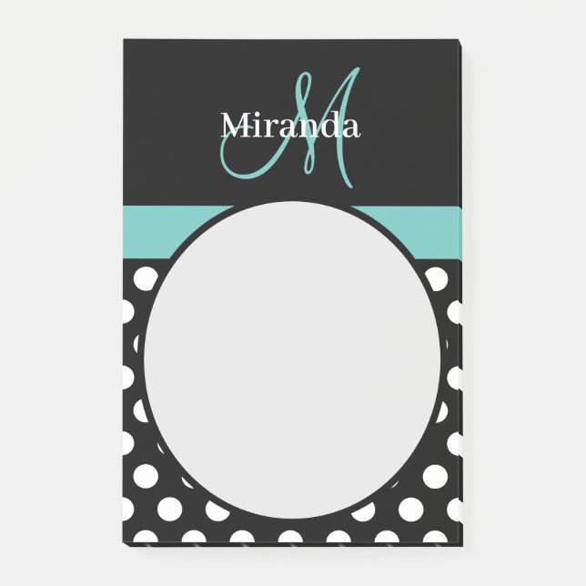 Teal Grönt Monogram Black White Polka Dot Post-it Block (Framsida)