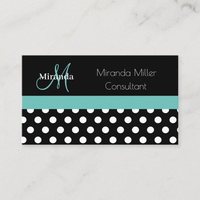 Teal Grönt Monogram Black White Polka Dot Visitkort (Framsida)