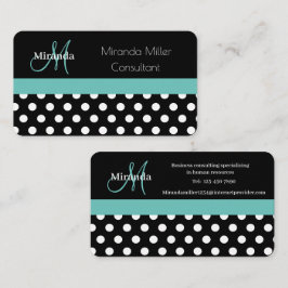 Teal Grönt Monogram Black White Polka Dot Visitkort